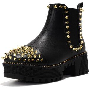 Women's Black Gold Studded Goth Punk Spiky Bold Design Chunky Heel Comfort Boot